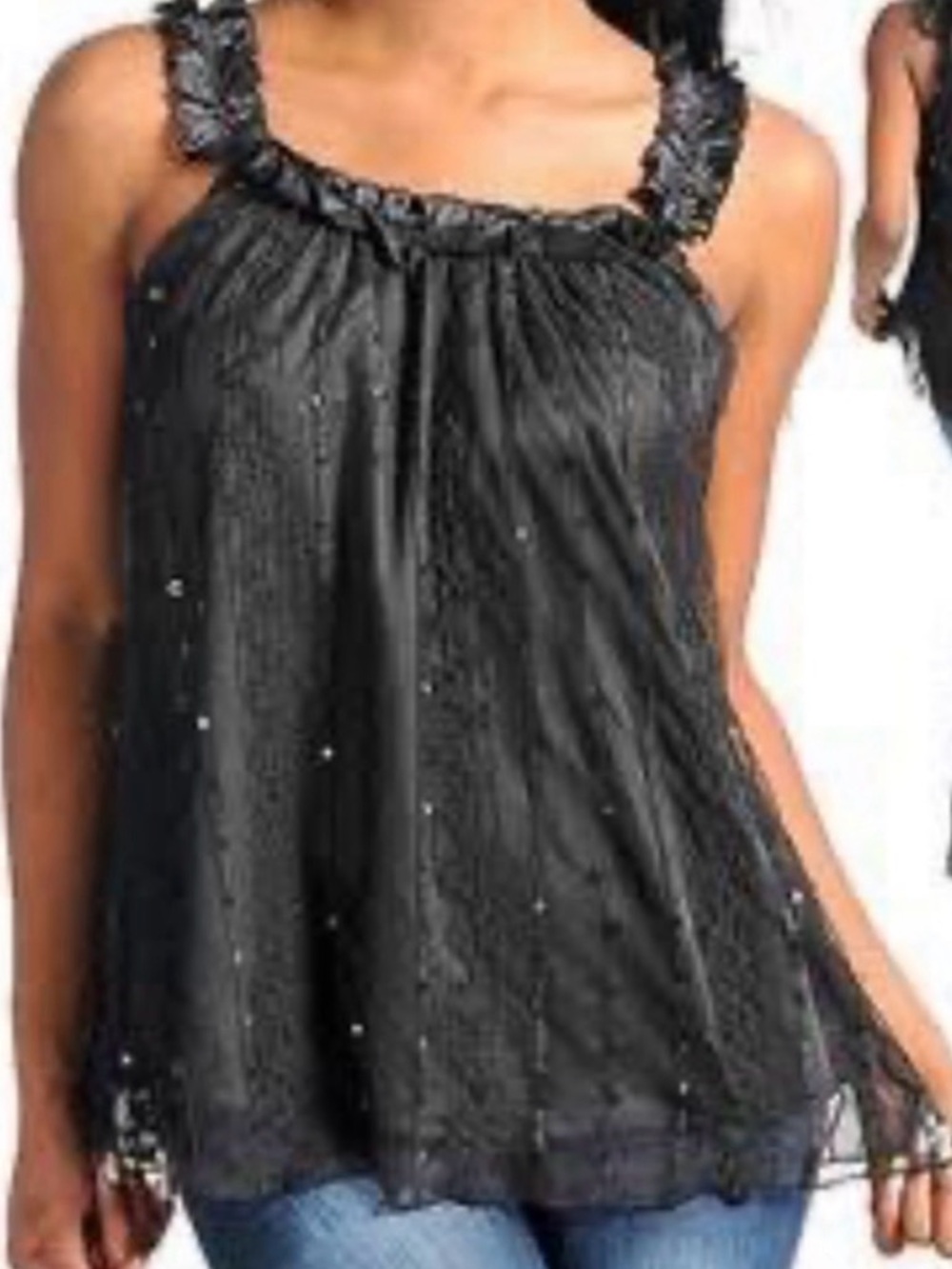 Ruffled Sequin Overlay A-line Top L Black Sleeveless Ruffle Feminine Club Glam